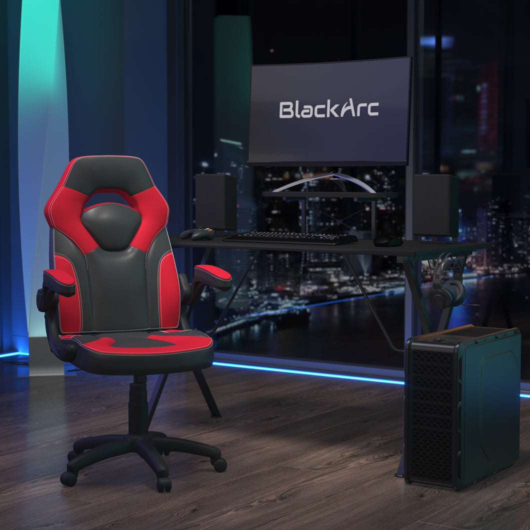 Gamma Gaming Desk & Chair Set - High Back Gaming Chair with Flip-Up Arms; Desk with Detachable Headphone Hook/Cupholder